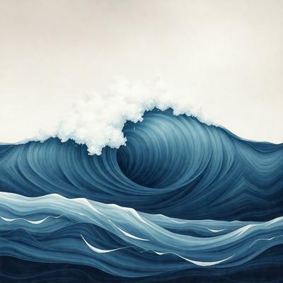The primary subject of the image is a large wave in the ocean. The wave is white and blue, with a cloudy sky in the background. The setting is the ocean, and the visual style is a painting or drawing. The dominant colors are white and blue, creating a serene and powerful atmosphere.